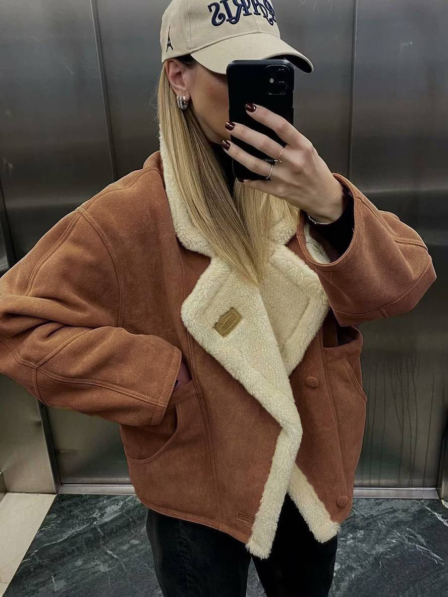 Cocolii manteau aviateur suedine boutons poches col revers manches longues femme vintage décontracté ample hiver veste