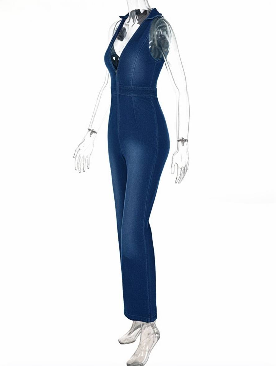 Cocolii combinaisons en jean v-cou sans manches femme élégant vintage mode casual