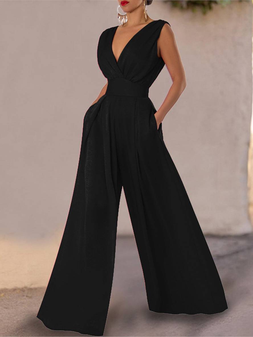 Cocolii combinaisons larges jambes évasé droit décolleté plongeant poches sans manches femme décontracté