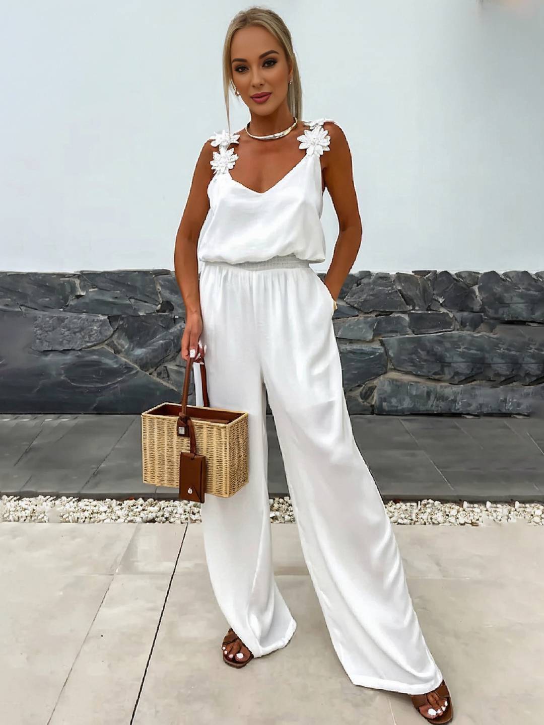 Cocolii combinaisons pantalon larges jambes évasé v-cou poches dos nu bretelle sans manches décontracté style vacances pour femme