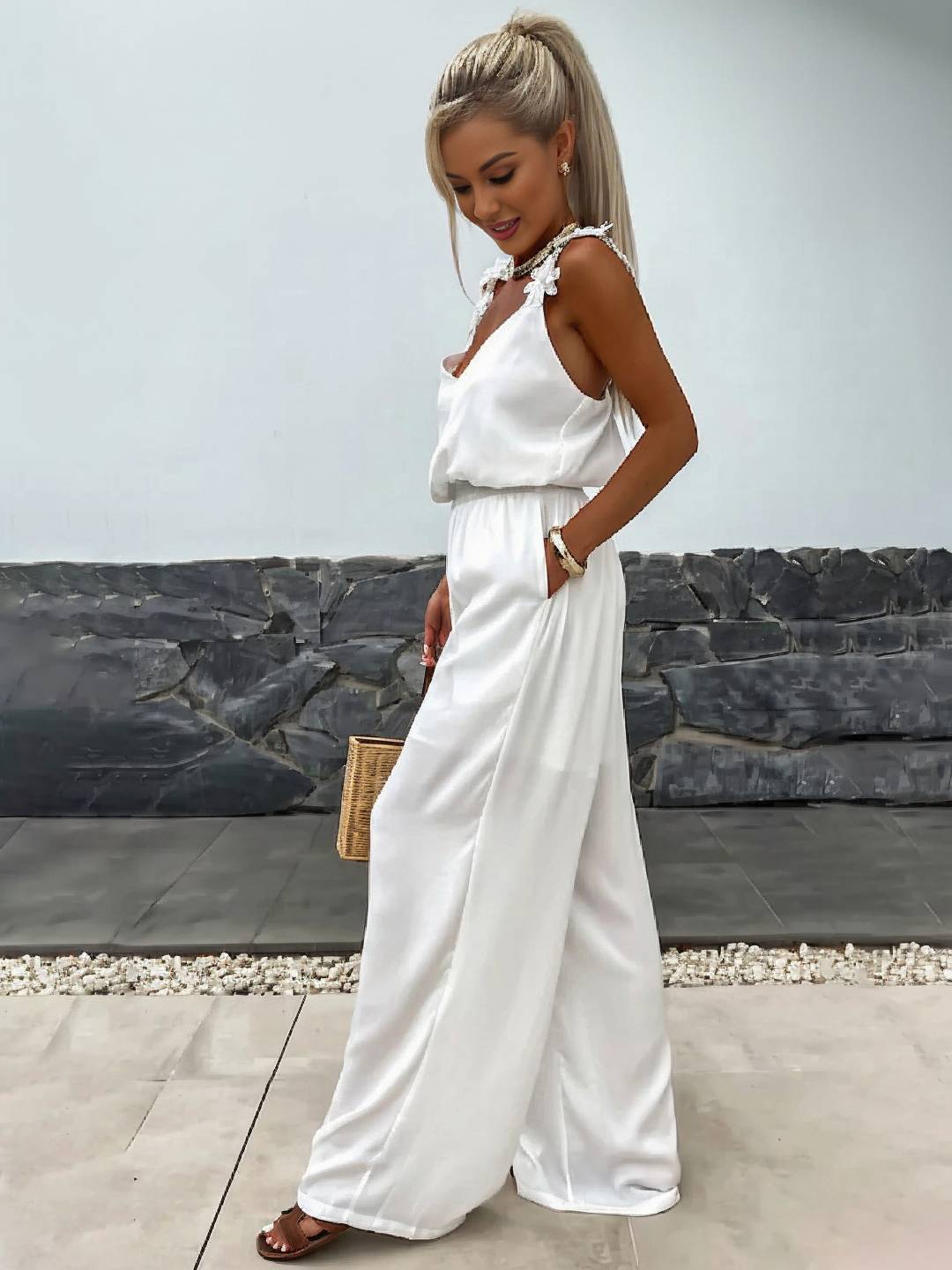 Cocolii combinaisons pantalon larges jambes évasé v-cou poches dos nu bretelle sans manches décontracté style vacances pour femme