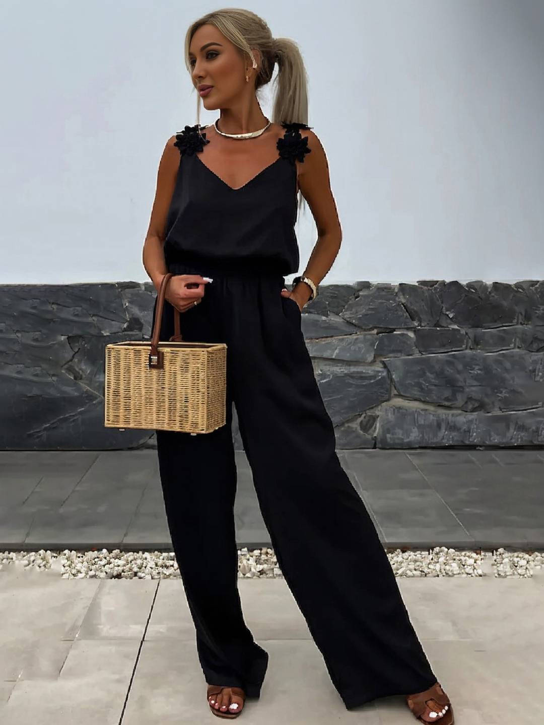 Cocolii combinaisons pantalon larges jambes évasé v-cou poches dos nu bretelle sans manches décontracté style vacances pour femme