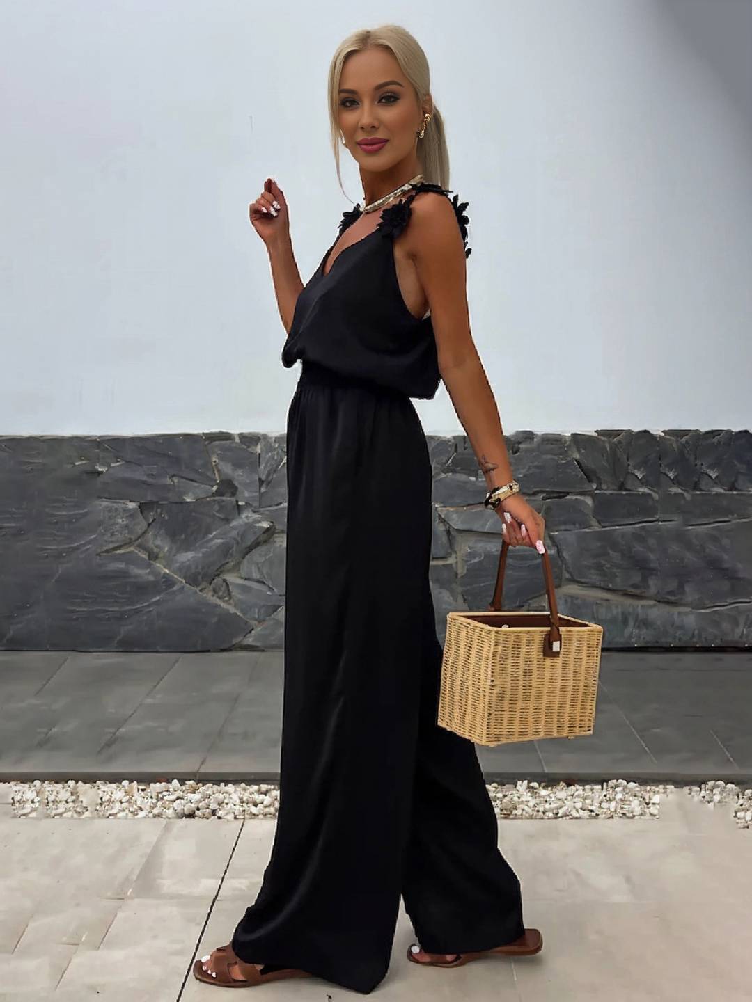 Cocolii combinaisons pantalon larges jambes évasé v-cou poches dos nu bretelle sans manches décontracté style vacances pour femme