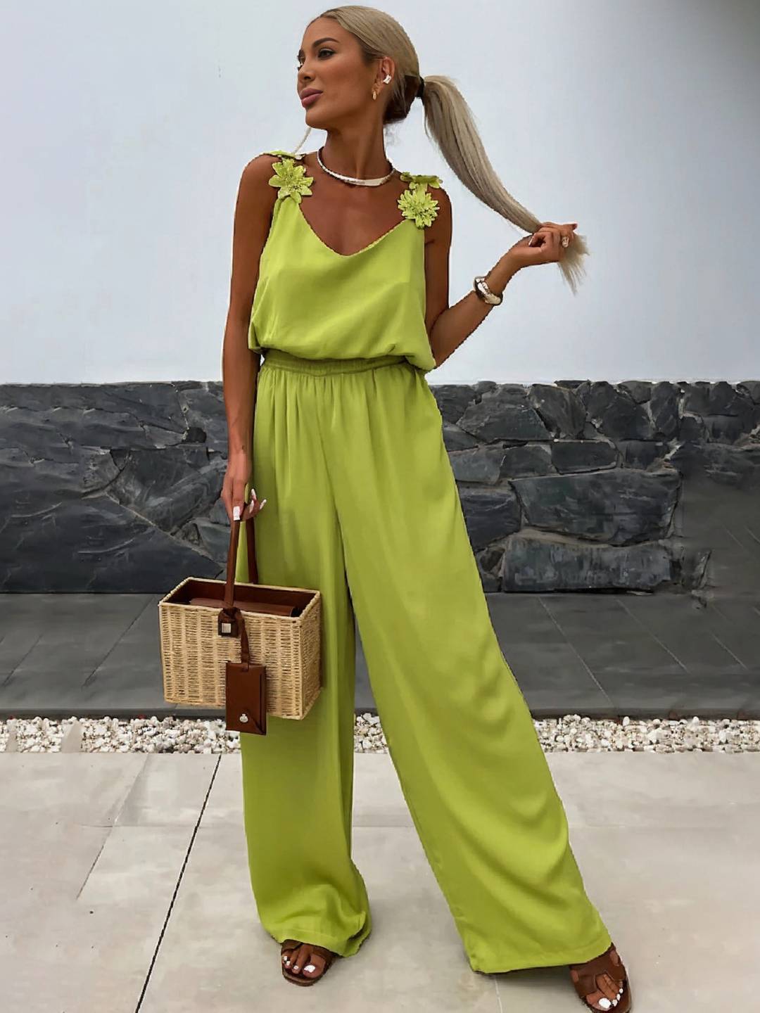 Cocolii combinaisons pantalon larges jambes évasé v-cou poches dos nu bretelle sans manches décontracté style vacances pour femme