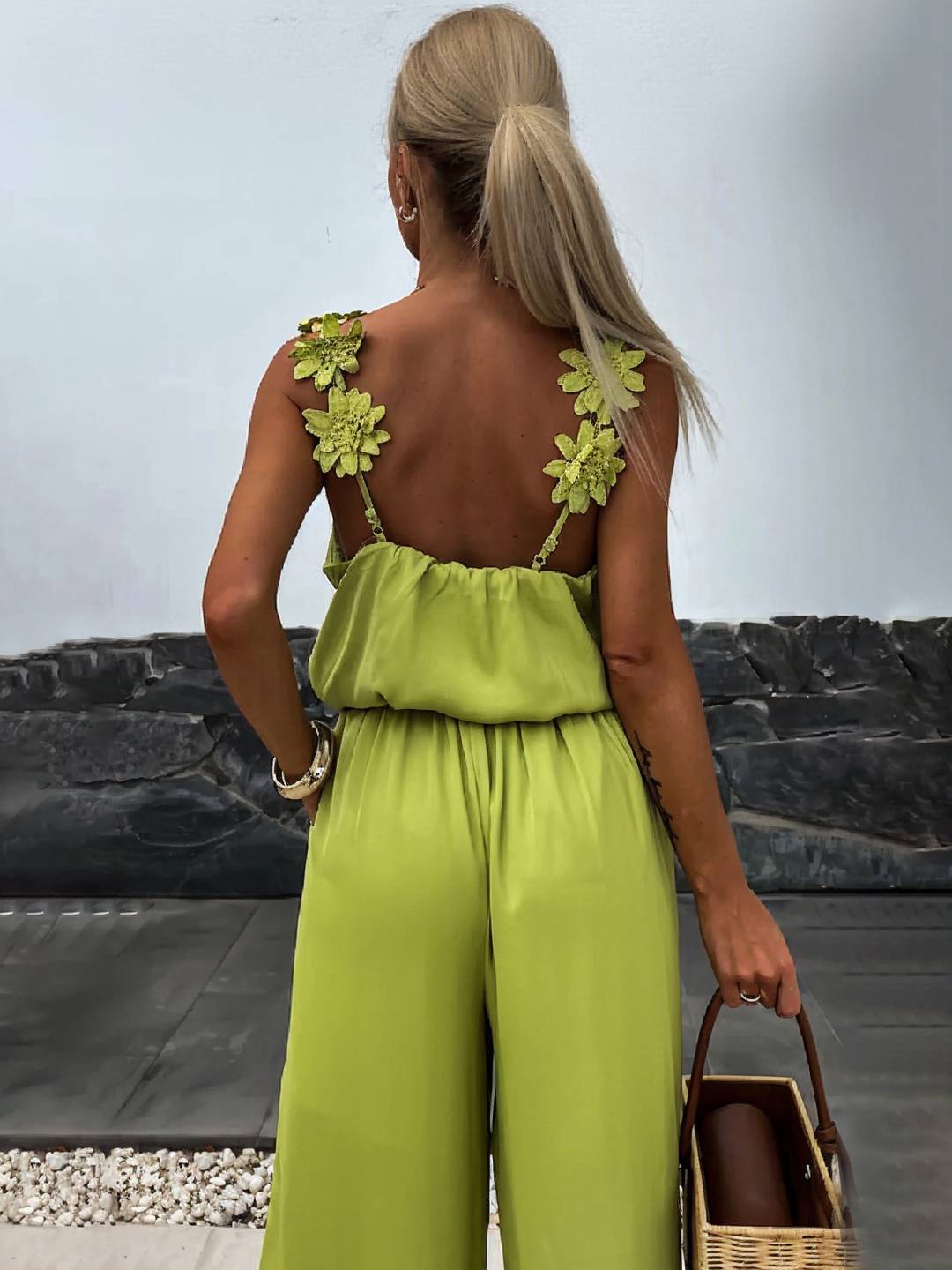 Cocolii combinaisons pantalon larges jambes évasé v-cou poches dos nu bretelle sans manches décontracté style vacances pour femme