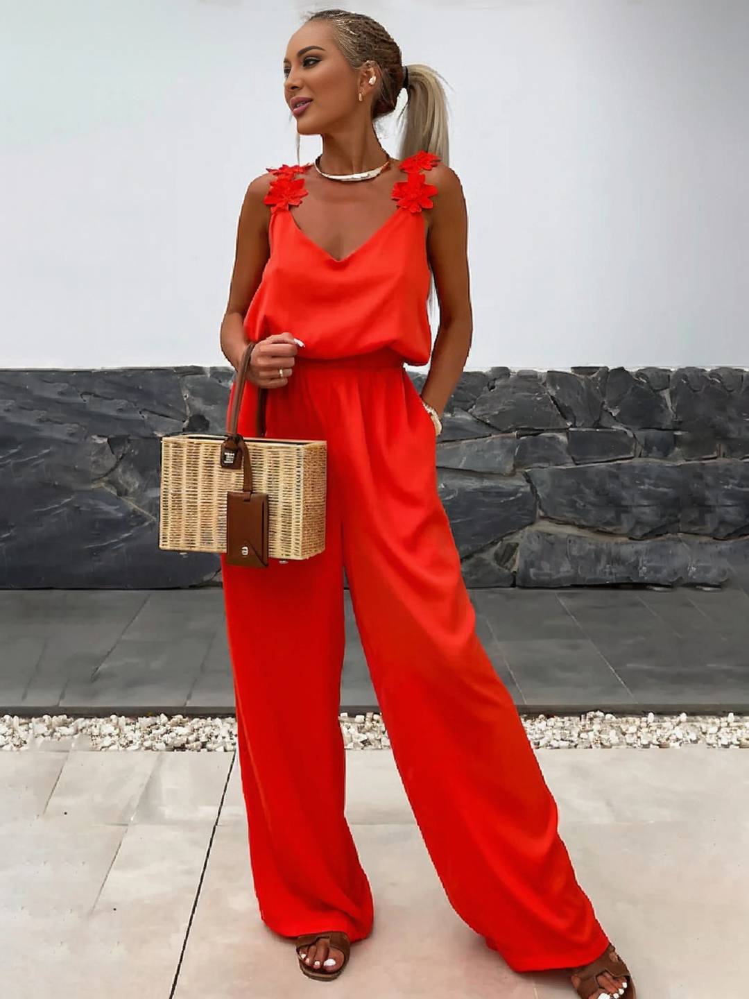 Cocolii combinaisons pantalon larges jambes évasé v-cou poches dos nu bretelle sans manches décontracté style vacances pour femme