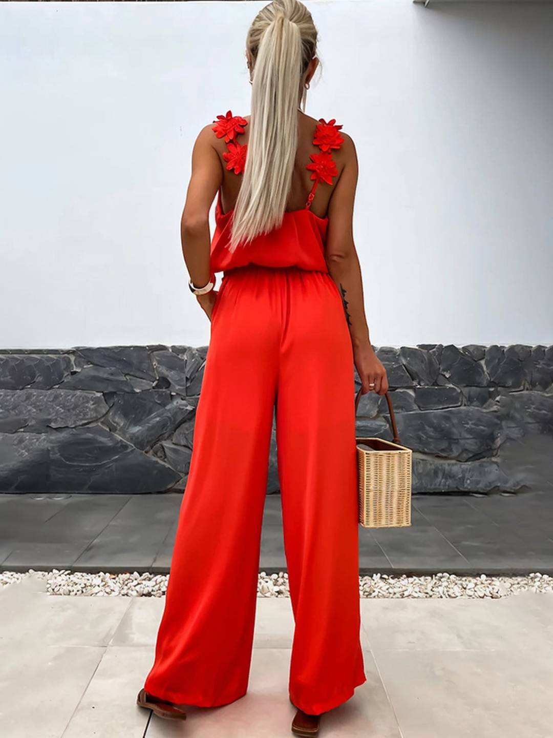 Cocolii combinaisons pantalon larges jambes évasé v-cou poches dos nu bretelle sans manches décontracté style vacances pour femme