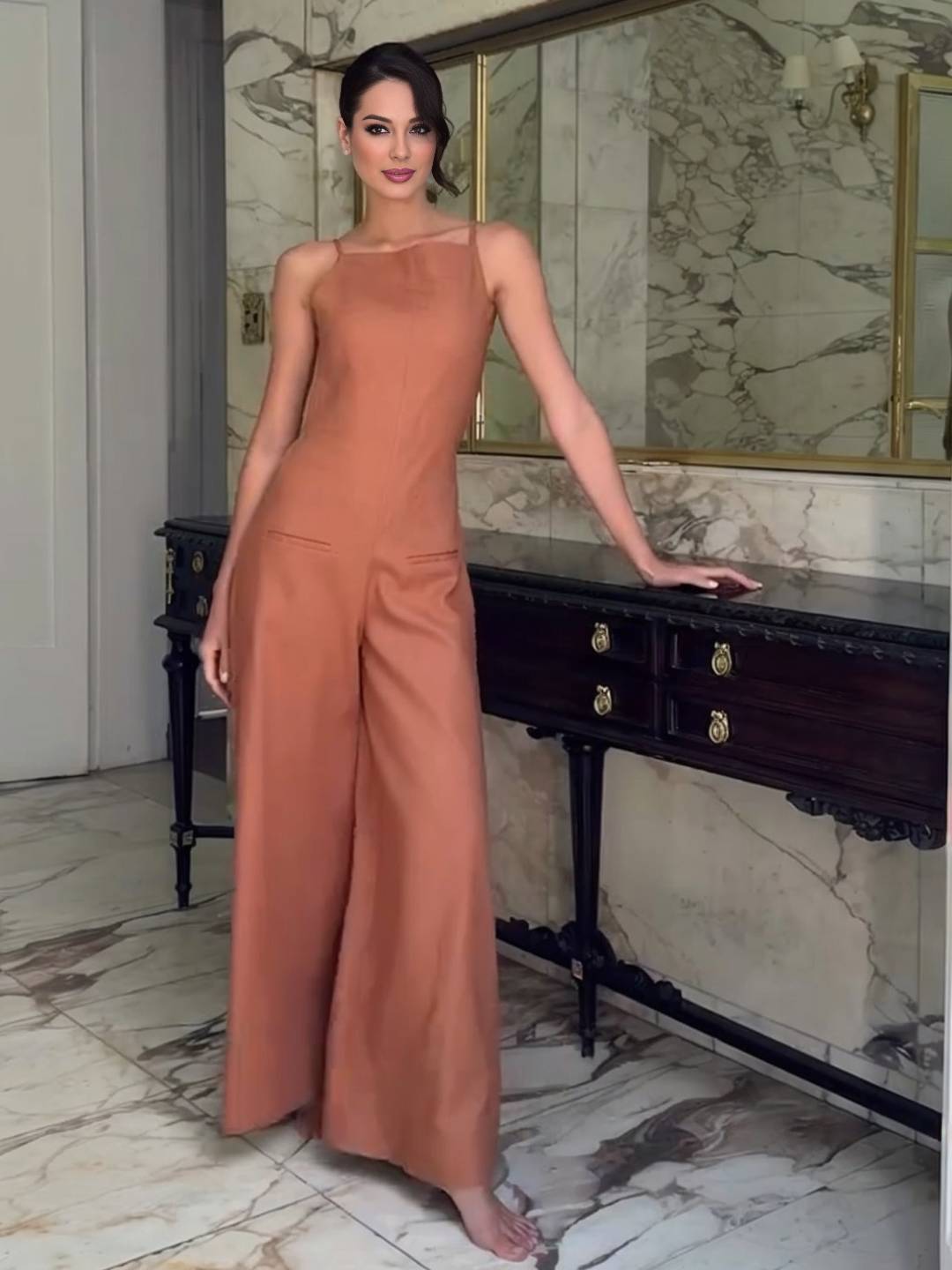 Cocolii combinaisons larges jambes évasé lin dos nu à fines brides sans manches élégant décontracté style vacances pour femmes