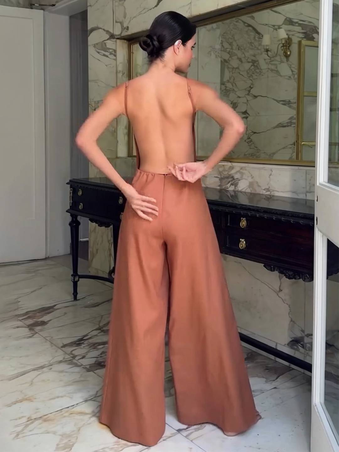 Cocolii combinaisons larges jambes évasé lin dos nu à fines brides sans manches élégant décontracté style vacances pour femmes