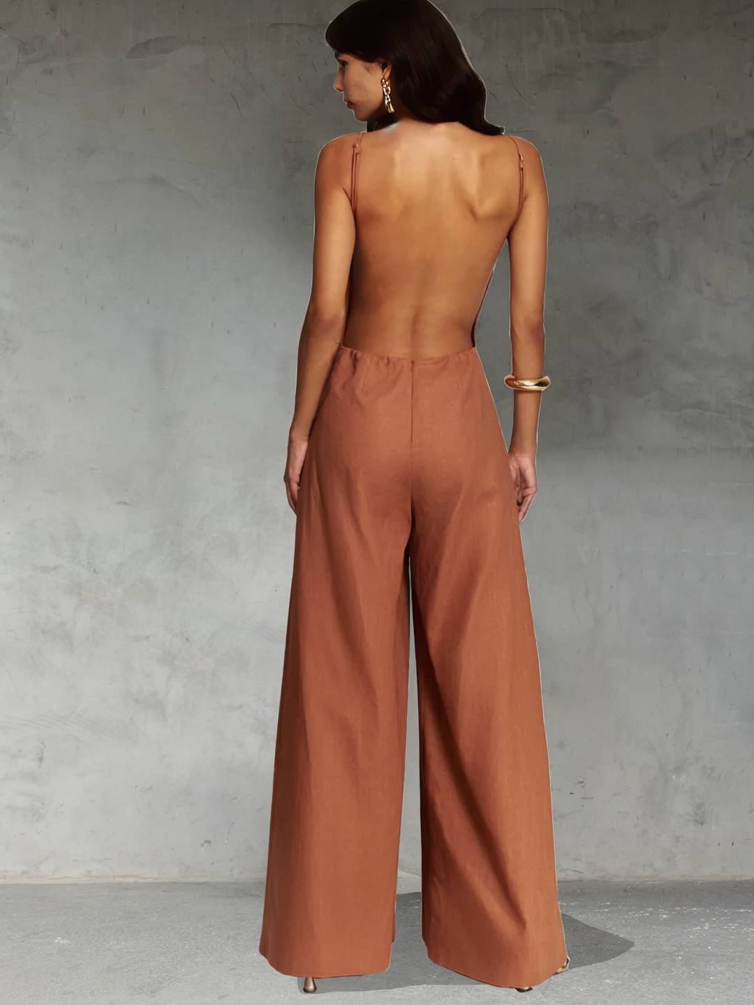 Cocolii combinaisons larges jambes évasé lin dos nu à fines brides sans manches élégant décontracté style vacances pour femmes