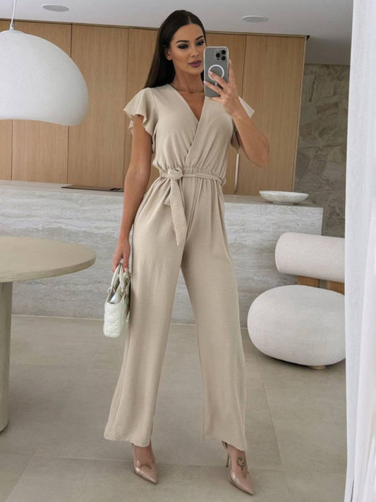 Cocolii combinaisons larges jambes évasé unicolore v-cou ceinture volants superposés femme décontracté