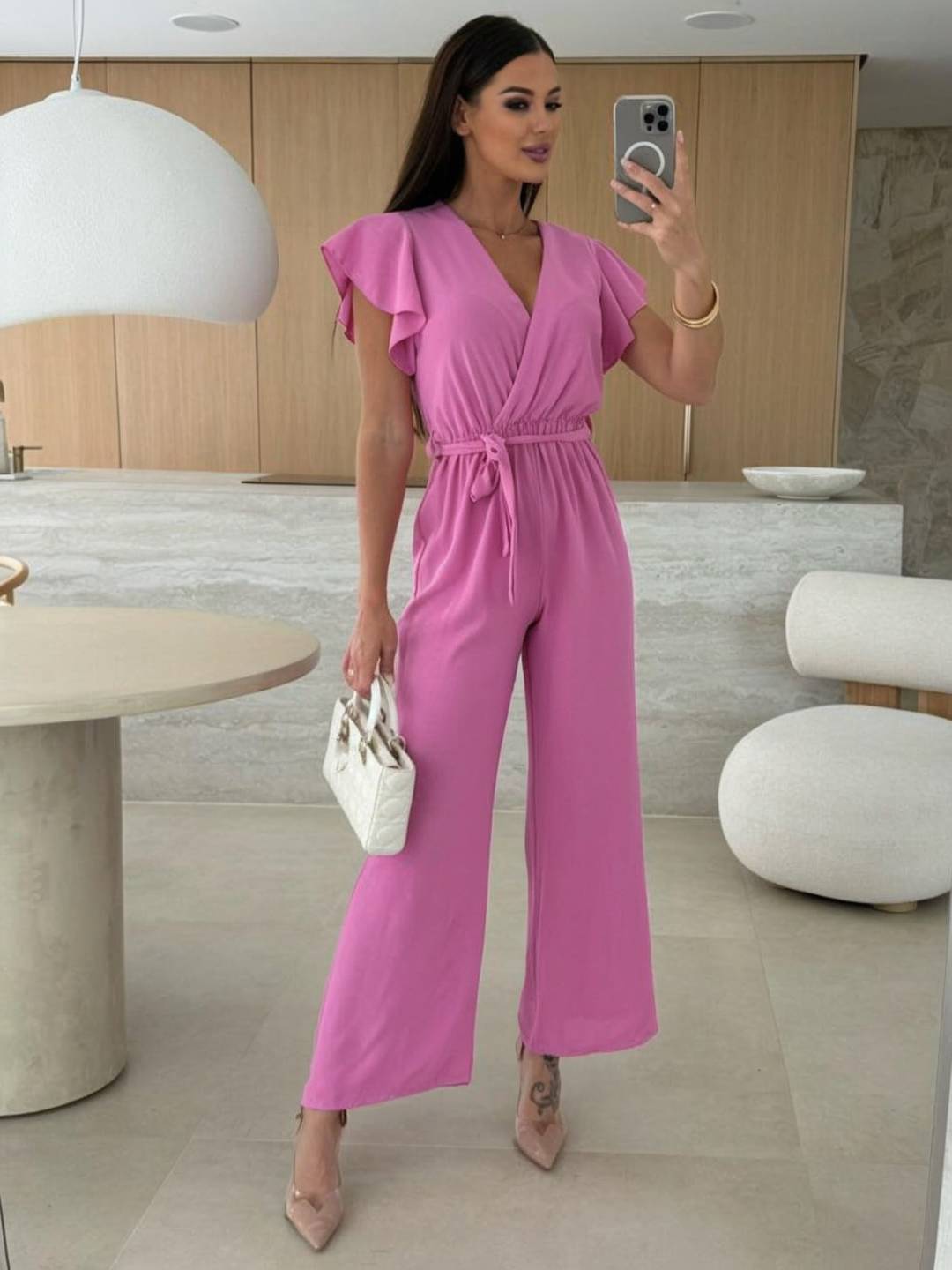 Cocolii combinaisons larges jambes évasé unicolore v-cou ceinture volants superposés femme décontracté