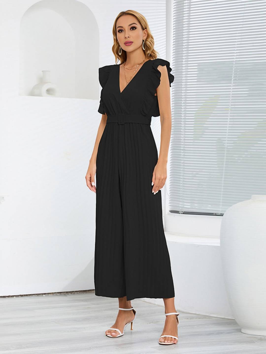 Cocolii combinaisons larges jambes évasé v-cou à volantée plissé ceinture sans manches femme élégant bohème décontracté