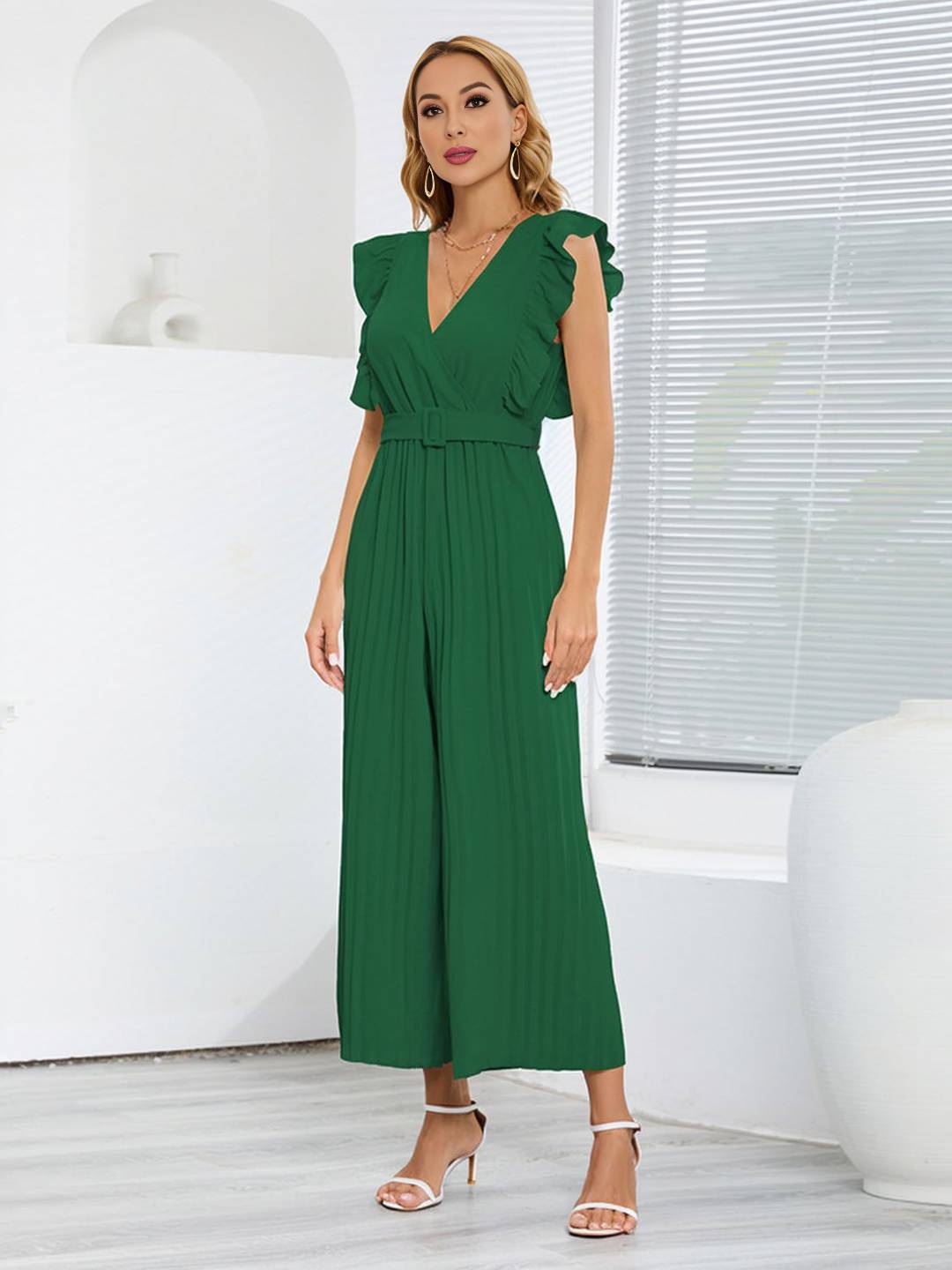 Cocolii combinaisons larges jambes évasé v-cou à volantée plissé ceinture sans manches femme élégant bohème décontracté