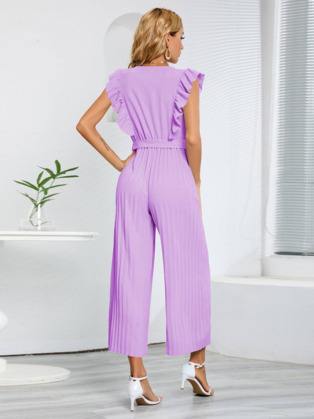 Cocolii combinaisons larges jambes évasé v-cou à volantée plissé ceinture sans manches femme élégant bohème décontracté