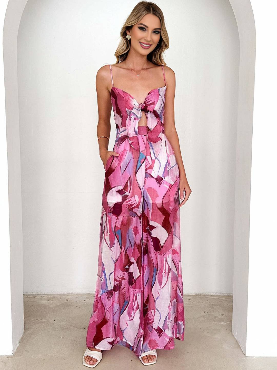 Cocolii combinaisons larges jambes évasé imprimé à fleurie noeud papillon à fines brides sans manches femme casual décontracté