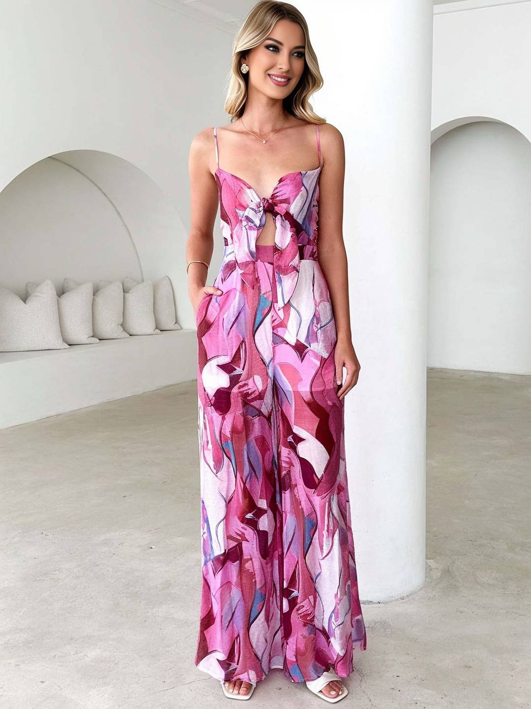 Cocolii combinaisons larges jambes évasé imprimé à fleurie noeud papillon à fines brides sans manches femme casual décontracté