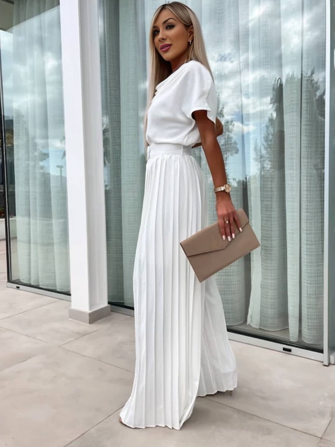 Cocolii combinaisons larges jambes évasé col bénitier plissé ceinture manches courtes femme casual simple décontracté