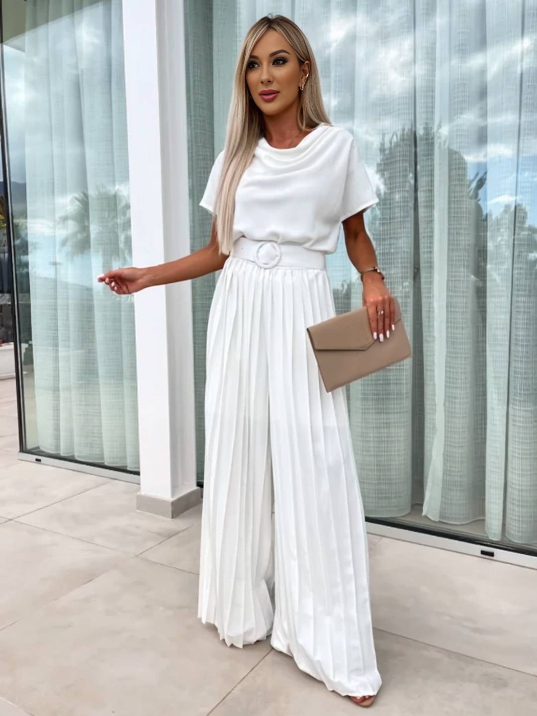 Cocolii combinaisons larges jambes évasé col bénitier plissé ceinture manches courtes femme casual simple décontracté