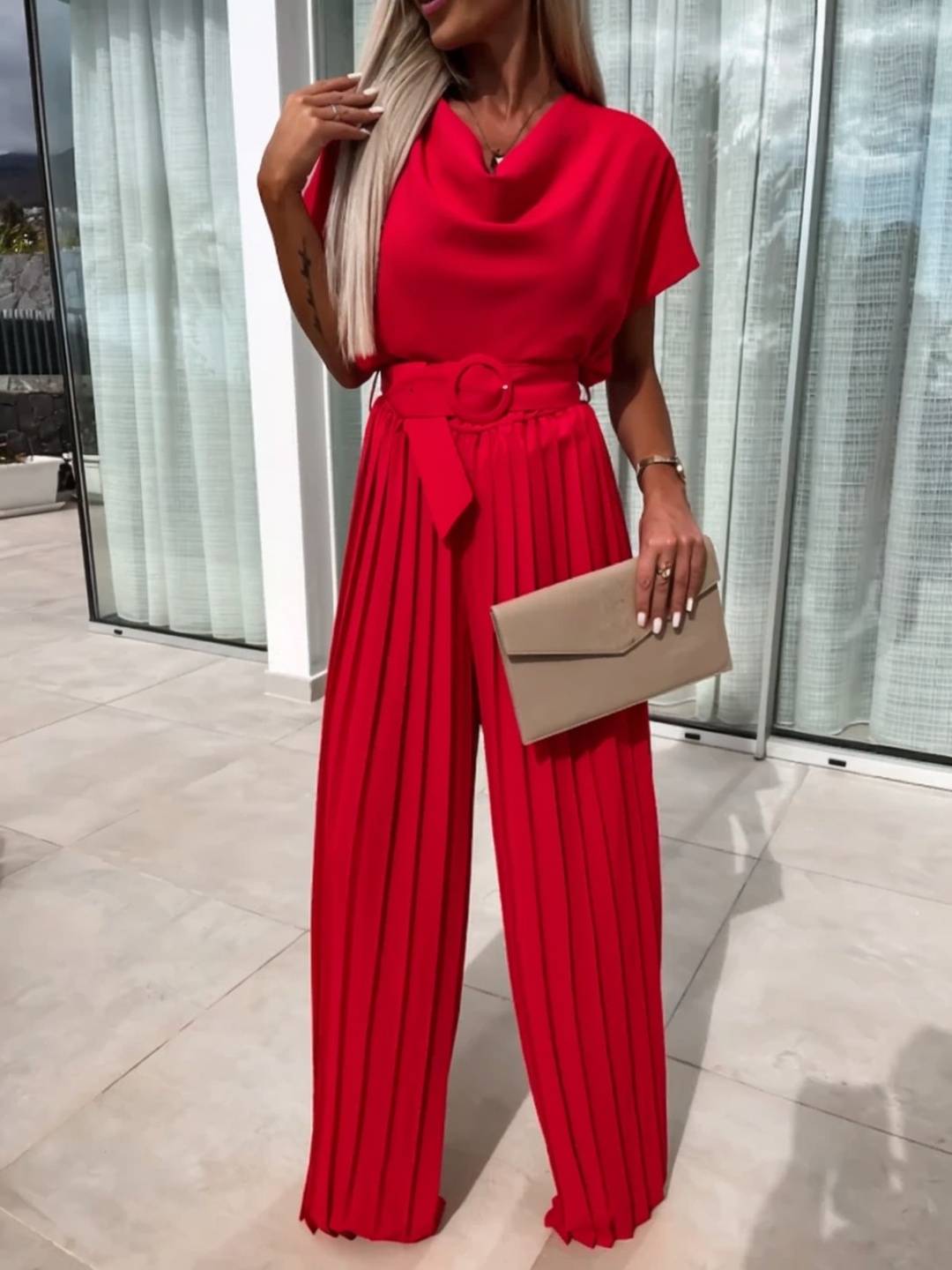 Cocolii combinaisons larges jambes évasé col bénitier plissé ceinture manches courtes femme casual simple décontracté