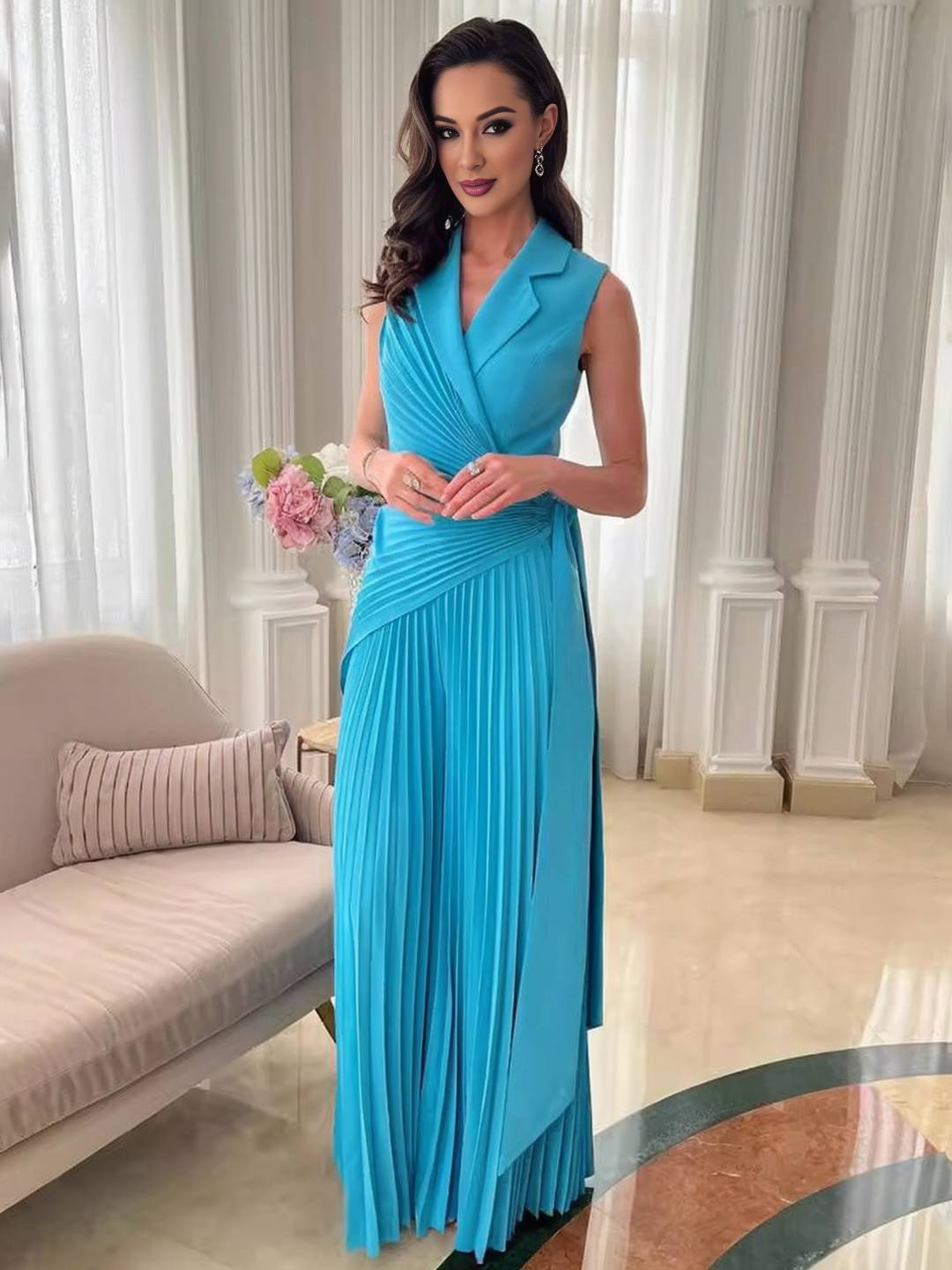 Cocolii combinaisons larges jambes évasé plissée femme v-cou style blazer sans manches élégant pour soirée ou cérémonie