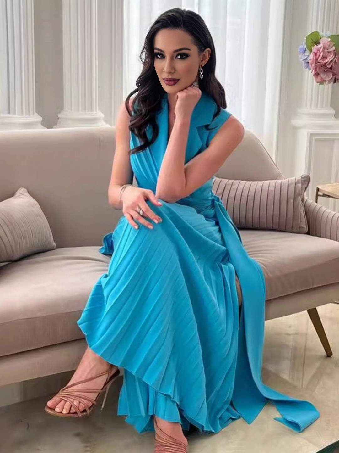 Cocolii combinaisons larges jambes évasé plissée femme v-cou style blazer sans manches élégant pour soirée ou cérémonie