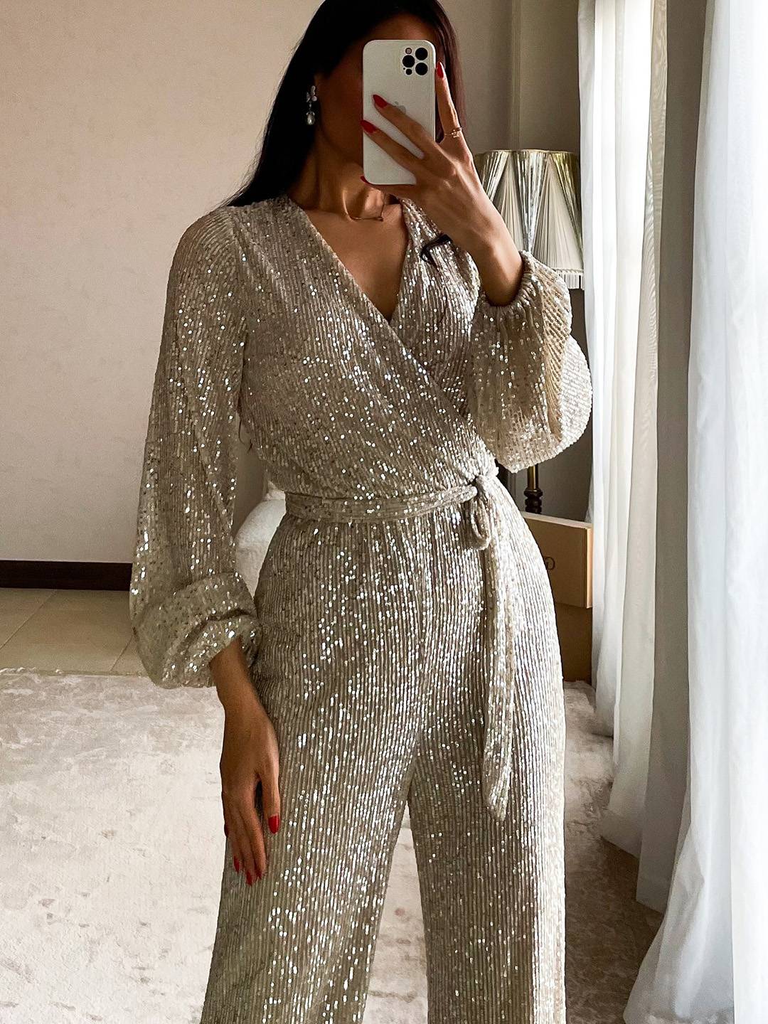 Cocolii combinaisons brillante paillette ceinture v-cou manches longues femme élégant décontracté tenue de soirée