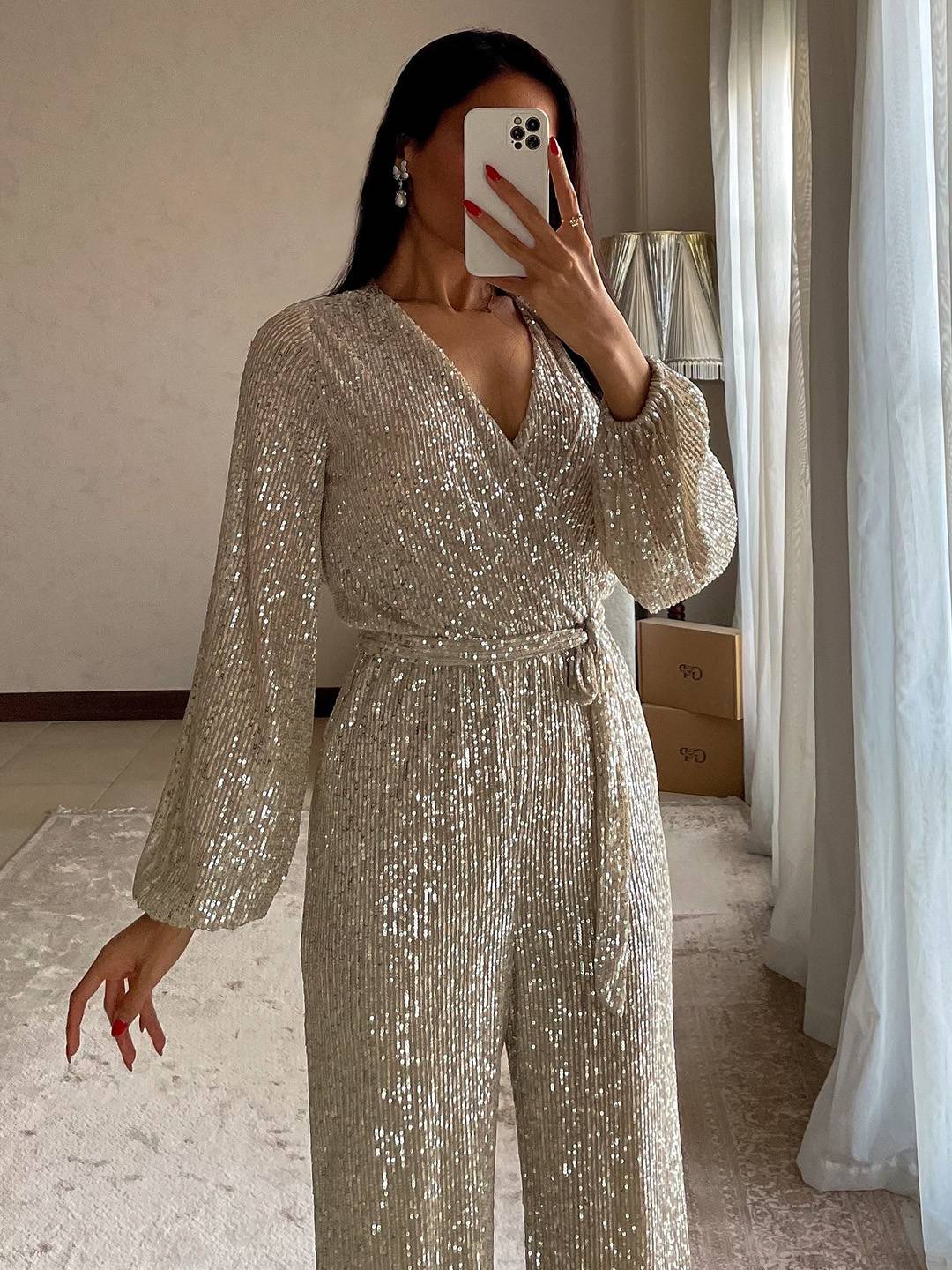 Cocolii combinaisons brillante paillette ceinture v-cou manches longues femme élégant décontracté tenue de soirée