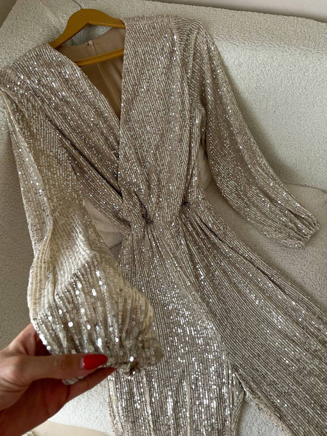 Cocolii combinaisons brillante paillette ceinture v-cou manches longues femme élégant décontracté tenue de soirée