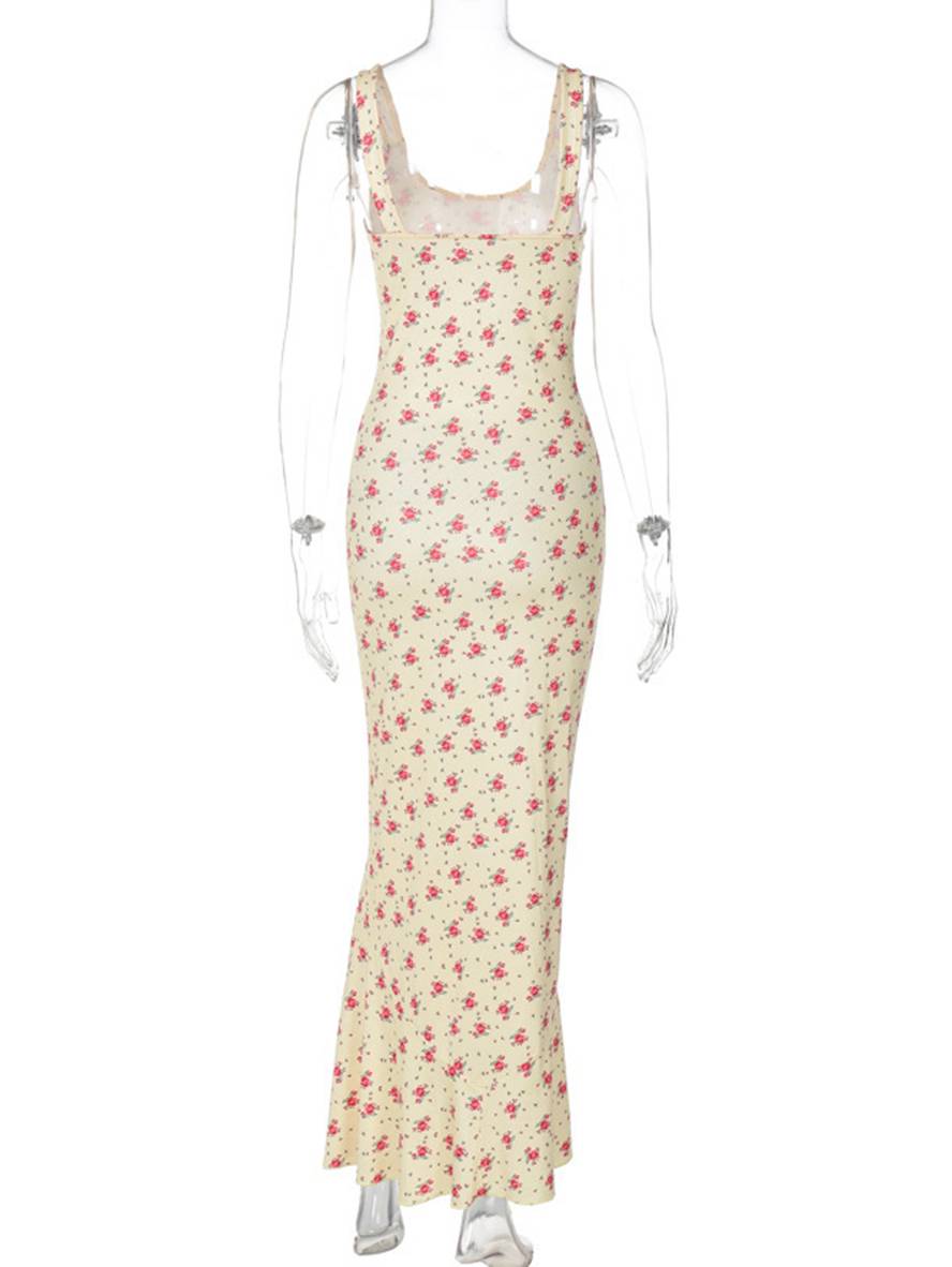 Cocolii robe longue imprimé à fleurie à volantée à fines brides sans manches femme élégant décontracté