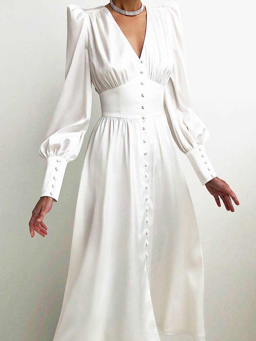 Cocolii robe longue en satin v-cou boutonnage manches bishop manches longues femme élégant vintage de soirée pour mariage