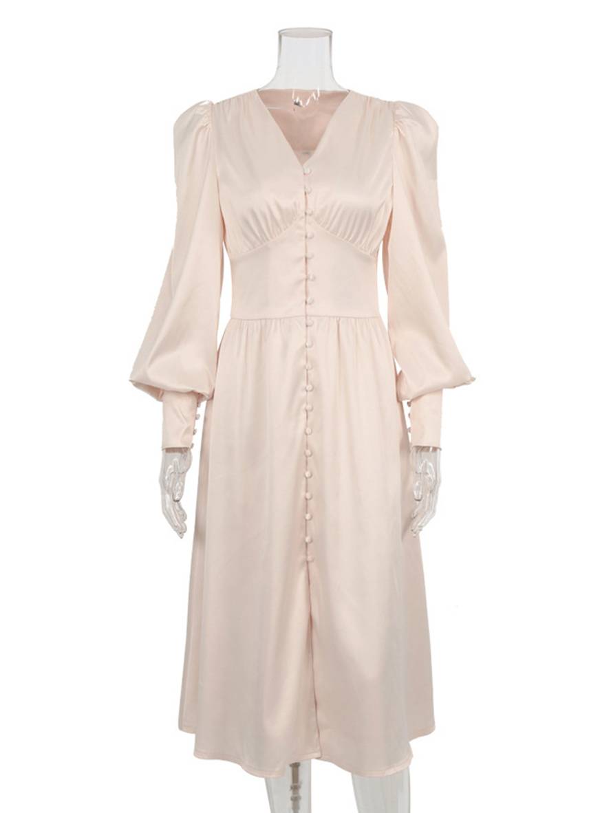 Cocolii robe longue en satin v-cou boutonnage manches bishop manches longues femme élégant vintage de soirée pour mariage