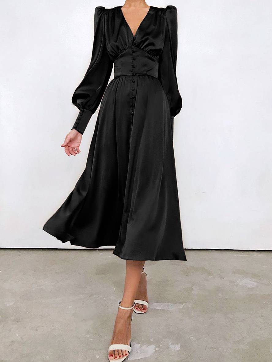 Cocolii robe longue en satin v-cou boutonnage manches bishop manches longues femme élégant vintage de soirée pour mariage