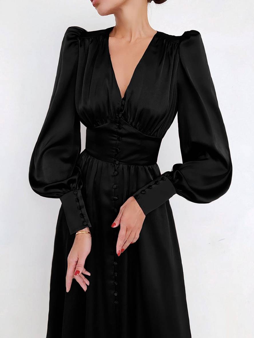 Cocolii robe longue en satin v-cou boutonnage manches bishop manches longues femme élégant vintage de soirée pour mariage