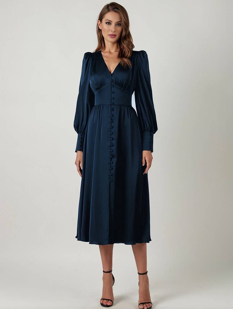 Cocolii robe longue en satin v-cou boutonnage manches bishop manches longues femme élégant vintage de soirée pour mariage