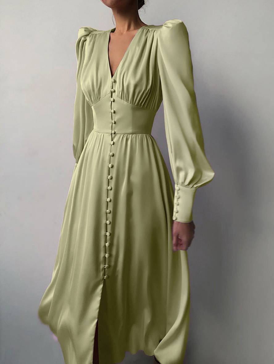 Cocolii robe longue en satin v-cou boutonnage manches bishop manches longues femme élégant vintage de soirée pour mariage