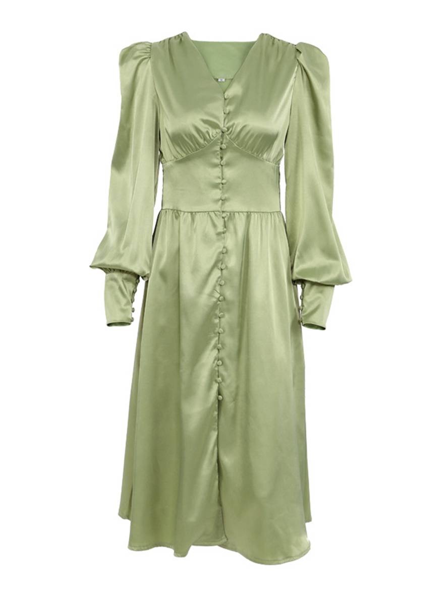 Cocolii robe longue en satin v-cou boutonnage manches bishop manches longues femme élégant vintage de soirée pour mariage