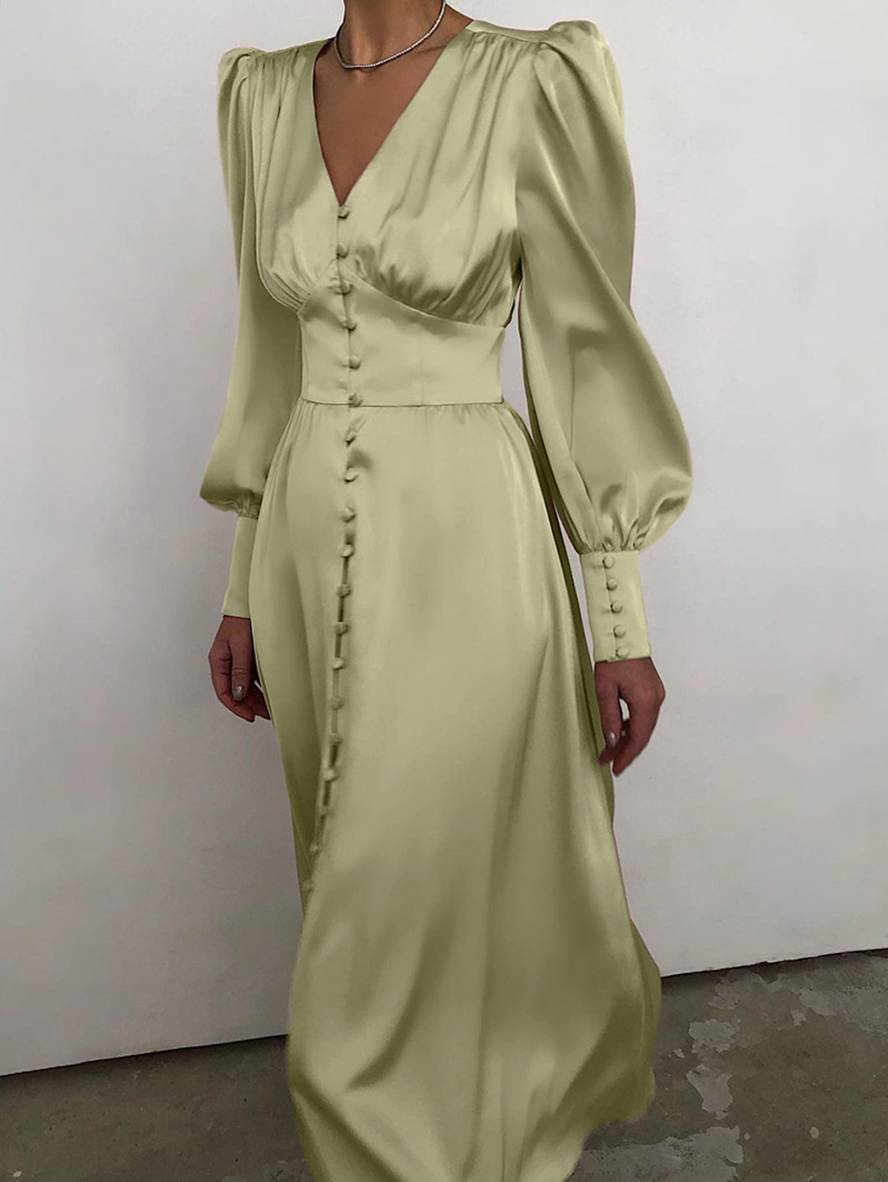 Cocolii robe longue en satin v-cou boutonnage manches bishop manches longues femme élégant vintage de soirée pour mariage