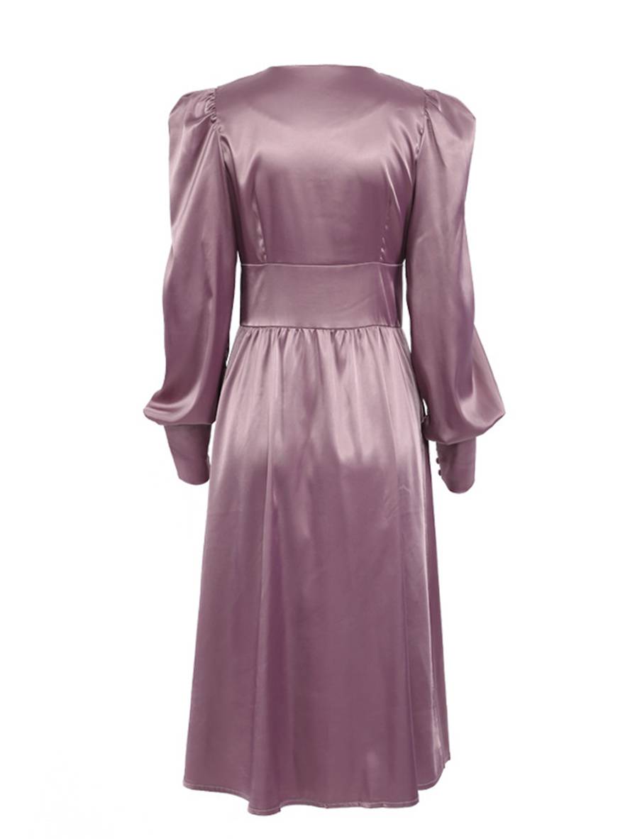 Cocolii robe longue en satin v-cou boutonnage manches bishop manches longues femme élégant vintage de soirée pour mariage