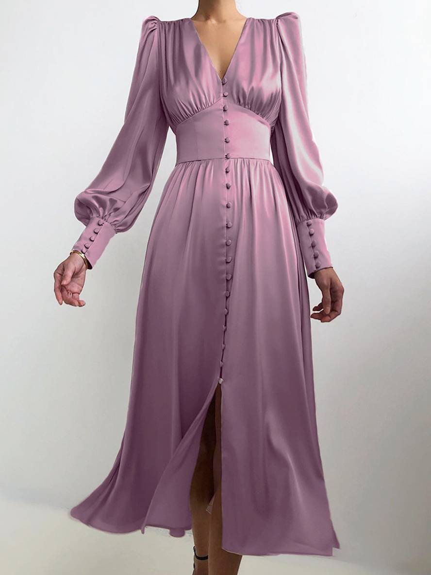 Cocolii robe longue en satin v-cou boutonnage manches bishop manches longues femme élégant vintage de soirée pour mariage