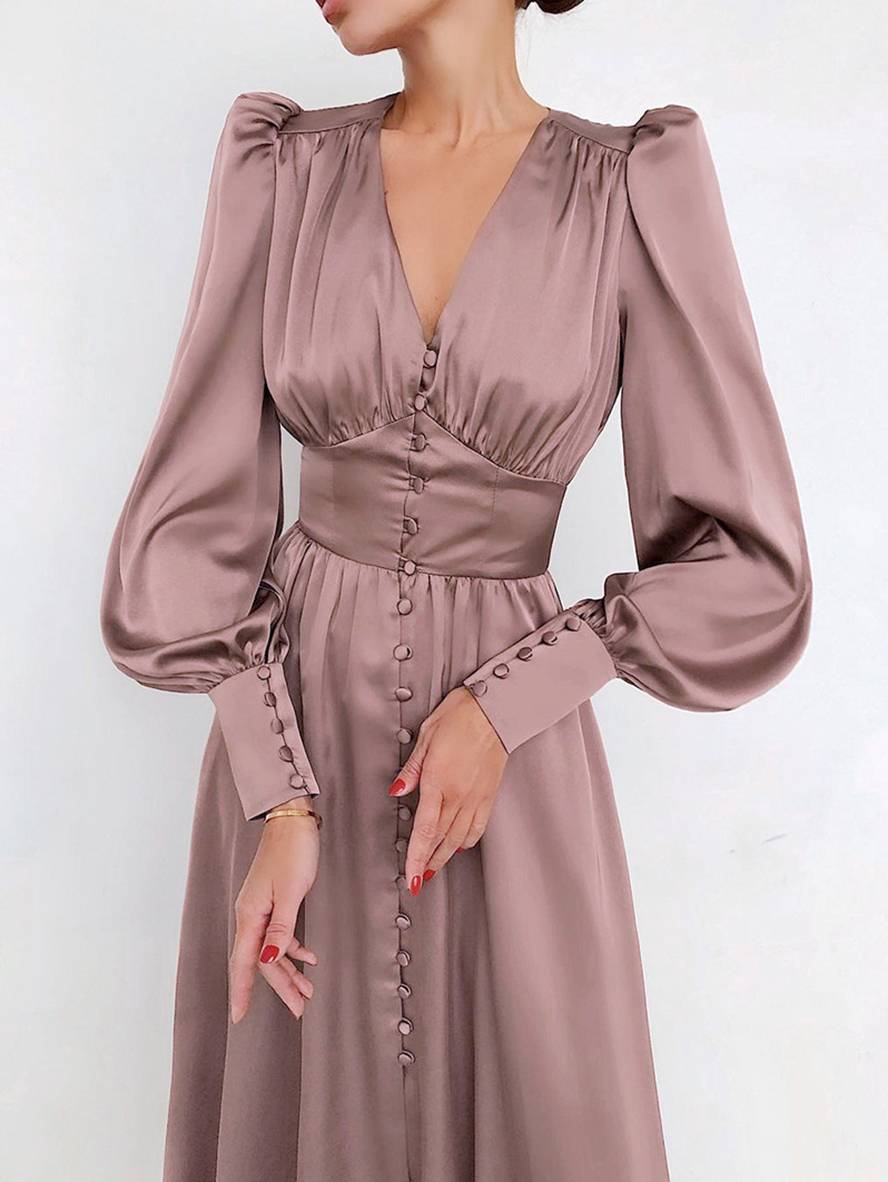 Cocolii robe longue en satin v-cou boutonnage manches bishop manches longues femme élégant vintage de soirée pour mariage