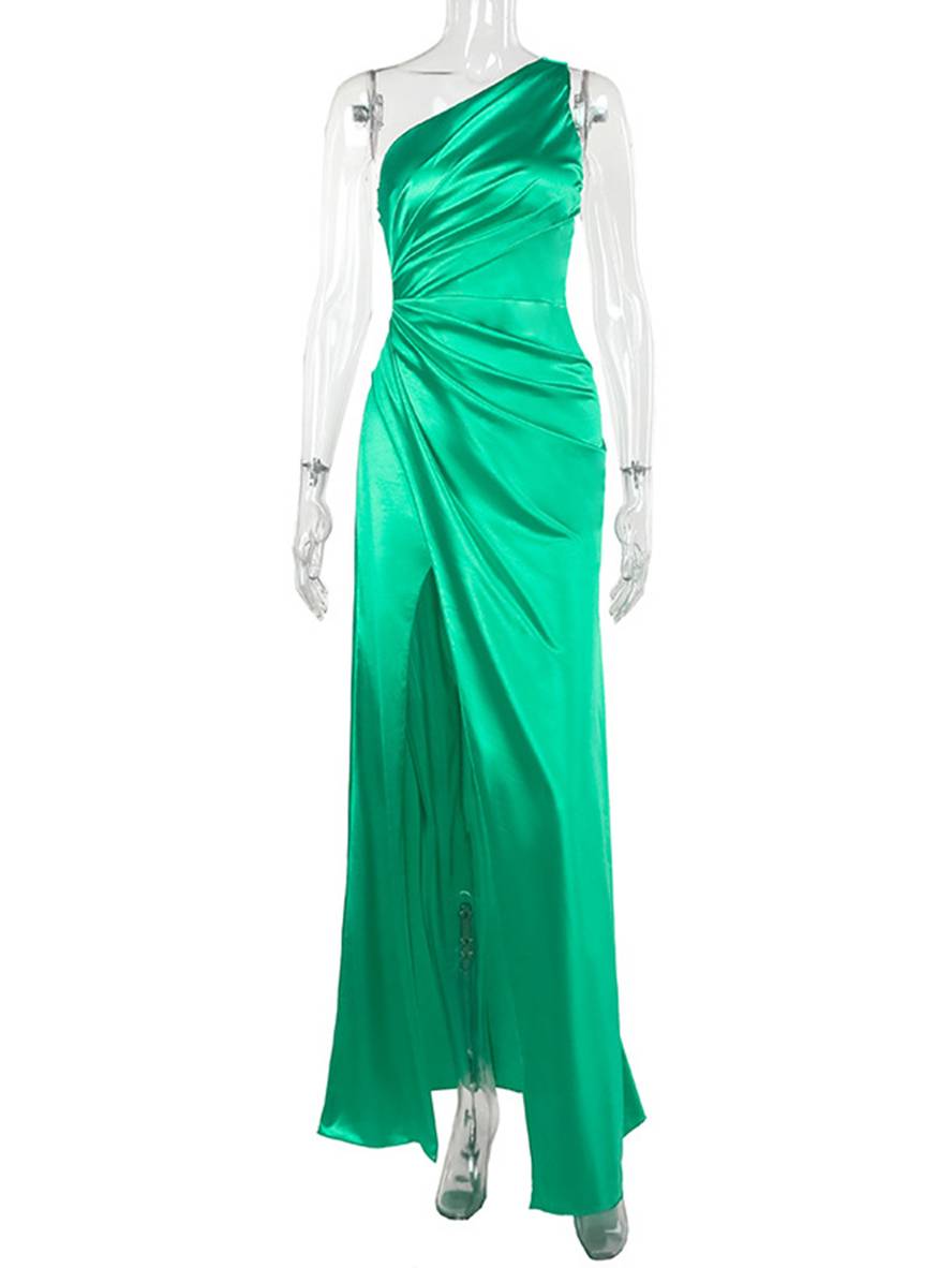 Cocolii robe longue en satin moulante une épaule fendu le côté dos nu sans manches femme élégant de soirée