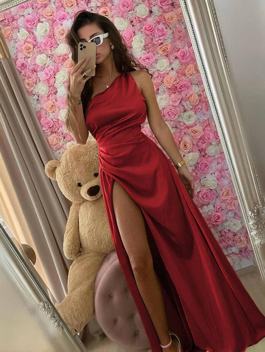 Cocolii robe longue en satin moulante une épaule fendu le côté dos nu sans manches femme élégant de soirée