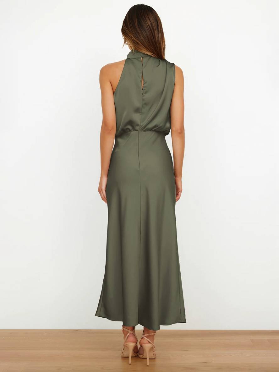 Cocolii longue robe demoiselle d'honneur en satin irrégulière col roulé licou sans manches femme élégant de soirée pour mariage