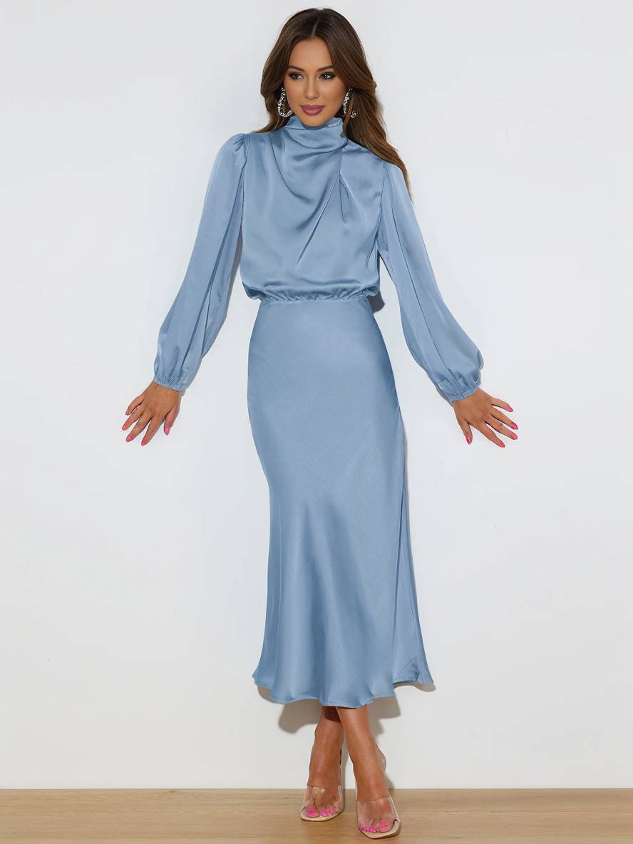 Cocolii robe longue en satin col roulé manches longues femme élégant invité mariage de fete de soirée cérémonie