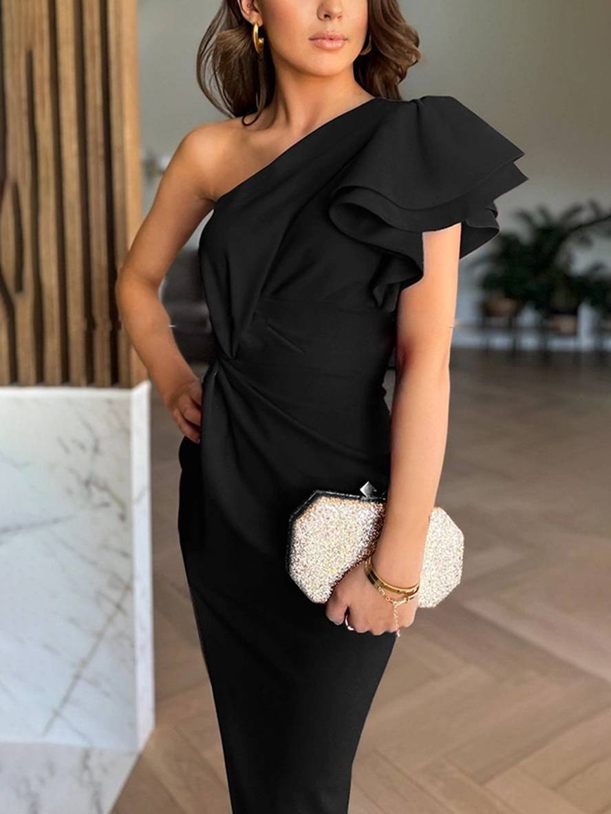 Cocolii robe demoiselle d'honneur moulante une épaule fendu volants superposés découpes nœud femme de soirée