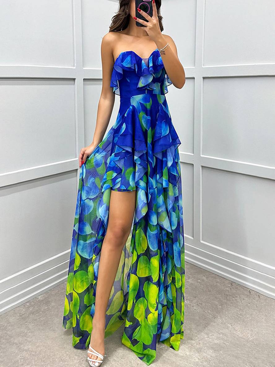 Cocolii robe longue imprimé à fleurie tulle fendu le côté bustier dos nu sans manches femme élégant de plage