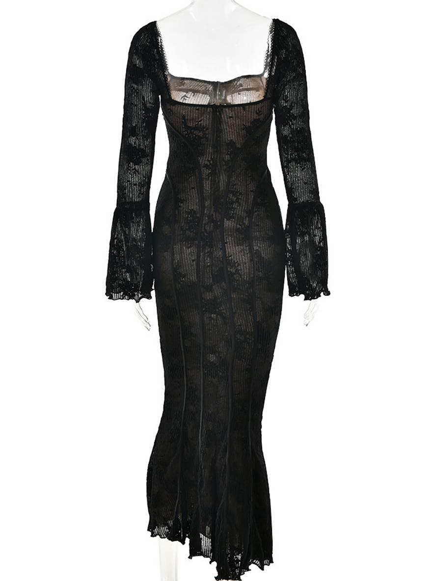 Cocolii robe longue en dentelle moulante bustier dos nu col carré manches évasées sirene femme élégant bal de promo