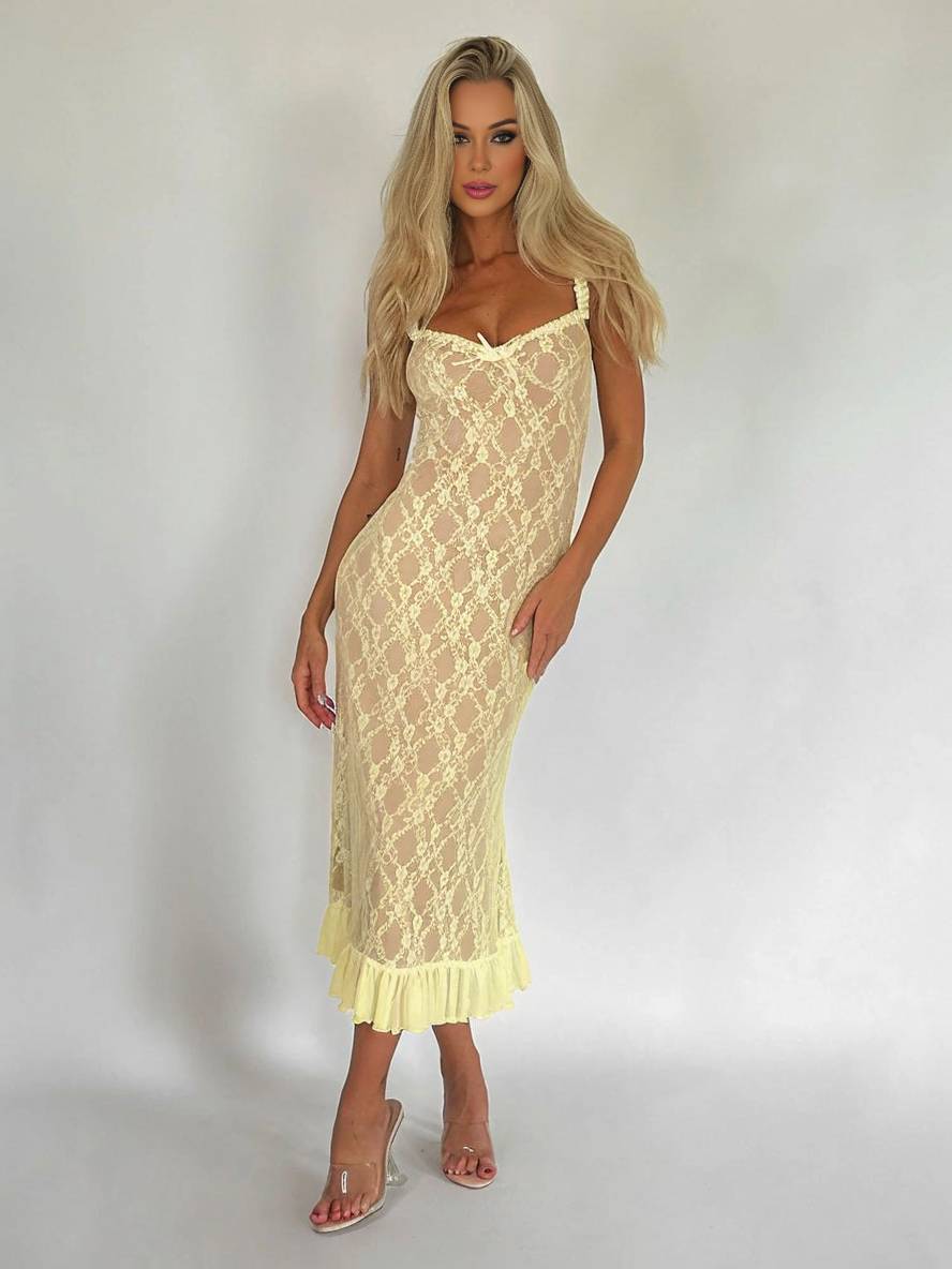 Cocolii robe longue en dentelle moulante trapèze à volantée à fines brides col carré sans manches femme élégant vintage de soirée