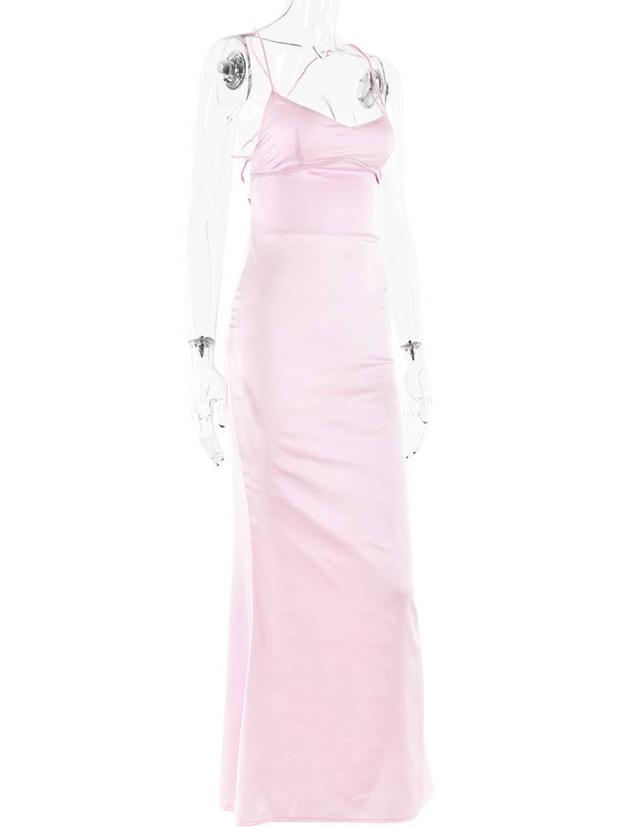 Cocolii robe longue en satin moulante v-cou sirene dos nu à fines brides sans manches femme élégant invité mariage de soirée